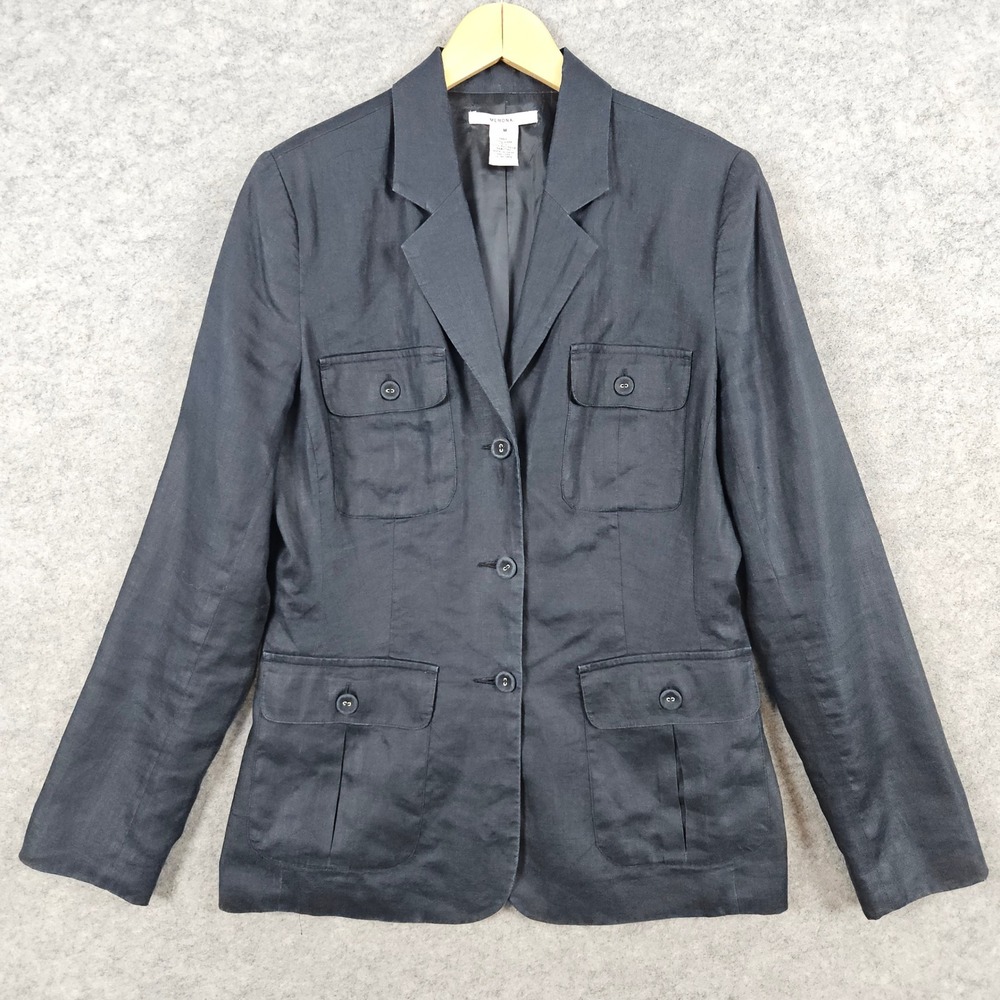 Merona Women's Linen Blazer Jacket Dark Gray Size‎ M Utility Pockets Academia
